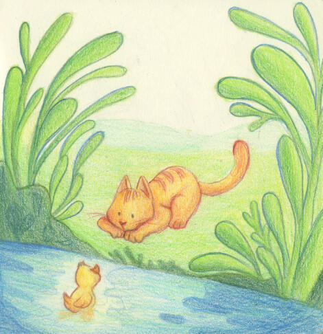 Cat and Duck by the Pond